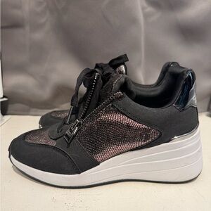 DKNY Black and Metallic Pink Wedge Sneakers